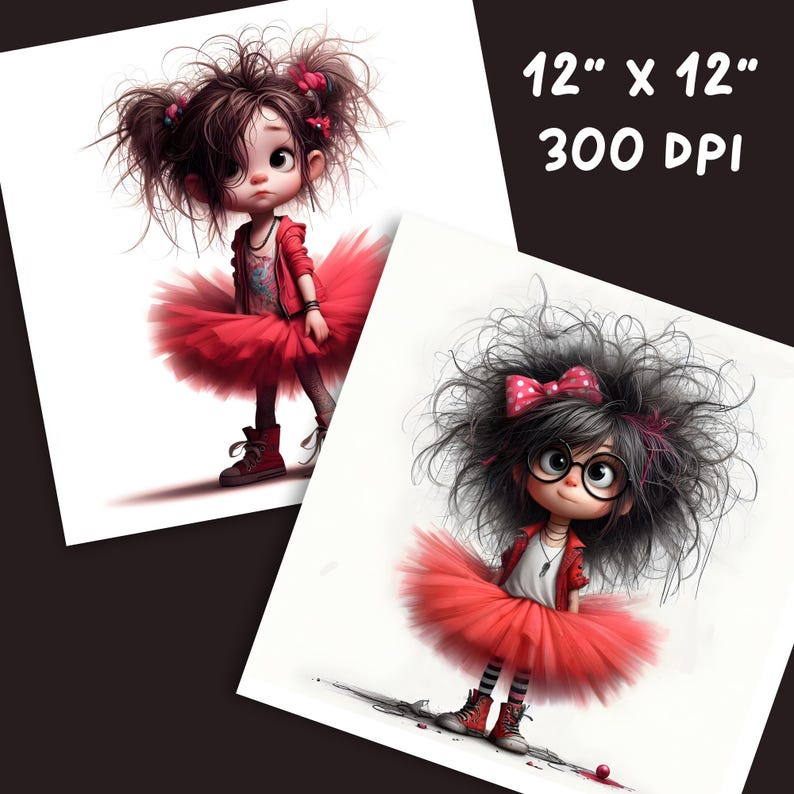 Peut inclure: Deux illustrations num&eacute;riques de filles aux cheveux en d&eacute;sordre portant des tutus rouges et des vestes rouges. Les filles portent des collants ray&eacute;s noir et blanc et des chaussures noires. La premi&egrave;re fille a un n&oelig;ud rouge dans les cheveux et la deuxi&egrave;me fille a un n&oelig;ud rose dans les cheveux. Les deux filles regardent le spectateur.