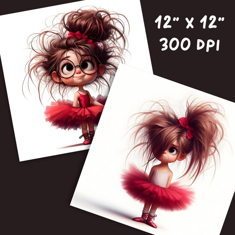 Peut inclure: Deux illustrations num&eacute;riques d'une fille aux cheveux bruns portant un tutu rouge et des chaussures rouges. La fille de gauche a les cheveux en chignon et porte des lunettes. La fille de droite a les cheveux en deux chignons d&eacute;sordonn&eacute;s.