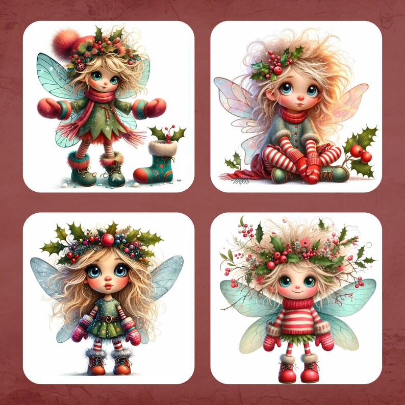 May include: Four illustrations of fairies with wings, wearing red and green clothing, and holly wreaths. The fairies have blonde hair and blue eyes.