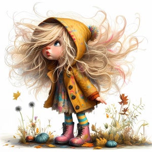 12 clipart fille originale, clipart jour de vent, usage commercial, fille originale, JPG 12 x 300 DPI, téléchargement immédiat, clipart fille lunatique