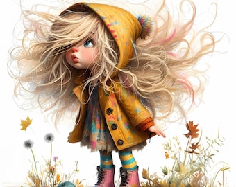 12 Quirky Girl Clip art, Windy Day Clip art, Commercial Use, Quirky Girl, 12x300 DPI JPGs, Instant Download, Whimsical Girl Clipart
