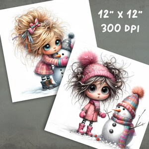 May include: Two digital illustrations of girls with large eyes wearing winter clothing and holding snowmen. The girls have long, curly hair and are wearing pink and white hats and scarves. The snowmen are white with black eyes and carrot noses. The background is white.