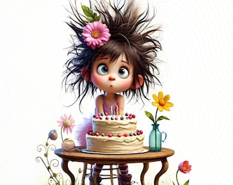 May include: A cartoon girl with brown hair and a pink flower in her hair sits at a table with a two-tiered cake decorated with pink and blue frosting and candles.