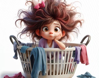 10 Whimsical Girl Clipart - Girls with Laundry Baskets JPG Images 300 DPI for Personal and Commercial Use