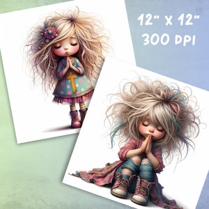 May include: Two digital illustrations of girls with blonde hair, closed eyes, and hands clasped in prayer. The girl on the left is wearing a pink and blue polka dot dress with a yellow cross. The girl on the right is wearing a pink sweater, blue jeans, and pink boots.