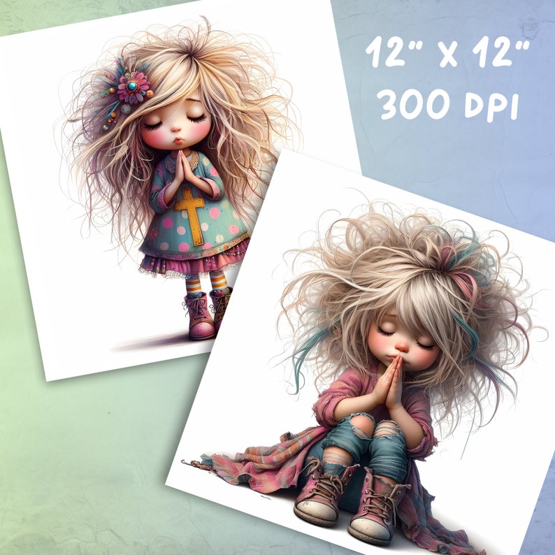 May include: Two digital illustrations of girls with blonde hair, closed eyes, and hands clasped in prayer. The girl on the left is wearing a pink and blue polka dot dress with a yellow cross. The girl on the right is wearing a pink sweater, blue jeans, and pink boots.