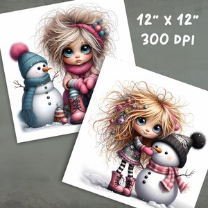 May include: Two digital illustrations of girls with large eyes and long hair, each standing next to a snowman. The girl on the left is wearing a pink hat, pink scarf, and pink boots. The girl on the right is wearing a black and white striped dress, black boots, and a headband with colorful beads. Both snowmen are wearing blue and pink scarves.