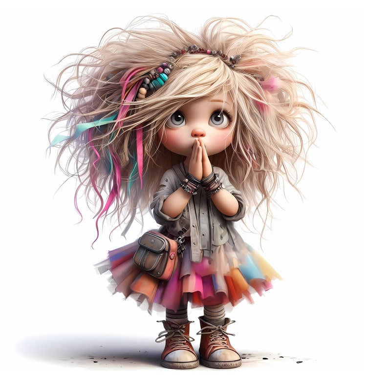 May include: A cartoon girl with long blonde hair, wearing a grey jacket, a colorful skirt, and brown boots. She is holding her hands together in a praying position and has a small brown bag slung over her shoulder.