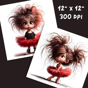 Peut inclure: Deux illustrations num&eacute;riques de filles aux cheveux bruns portant des tutus rouges. Les filles ont de grands yeux et sont dessin&eacute;es dans un style cartoon. Le texte "12" x "12" 300 DPI" est dans le coin sup&eacute;rieur droit de l'image.