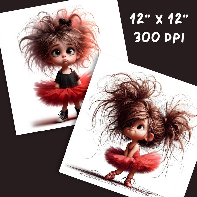 Peut inclure: Deux illustrations num&eacute;riques de filles aux cheveux bruns portant des tutus rouges. Les filles ont de grands yeux et sont dessin&eacute;es dans un style cartoon. Le texte "12" x "12" 300 DPI" est dans le coin sup&eacute;rieur droit de l'image.
