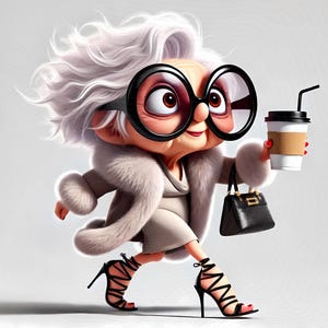 May include: Cartoon illustration of a stylish elderly person with large black glasses, white hair, and a fur coat, holding a coffee cup and a black handbag. The person is wearing a dress and black high-heeled sandals.