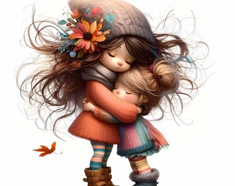 10 Cute Sister Clipart JPGs, Whimsical Girl and Sister Art, Commercial Use