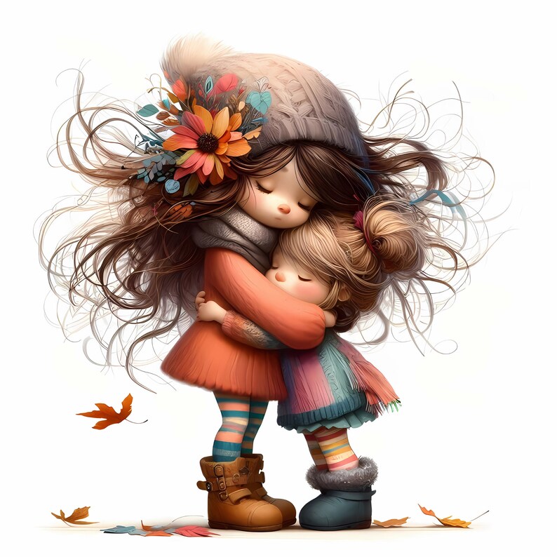 May include: Two girls with long brown hair are hugging each other. The girl in the front is wearing a pink and blue striped dress and a blue scarf. The girl in the back is wearing a red sweater, a blue and white striped scarf, and a gray knitted hat with a flower crown.