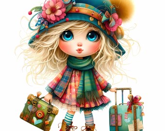 Whimsical Girl Clipart, Travel Doll JPG (Commercial Use, Instant Download)