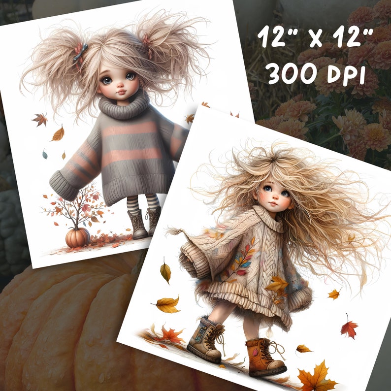 May include: Two digital illustrations of girls with long blonde hair wearing sweaters and boots. The girls are surrounded by autumn leaves. The text "12" x 12" 300 DPI" is in the top right corner of the image.