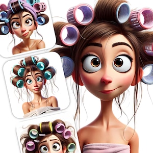 12 clipart de mulheres peculiares - retratos peculiares de mulheres com rolos de cabelo, imagens JPG 300 DPI em fundo branco, uso pessoal e comercial
