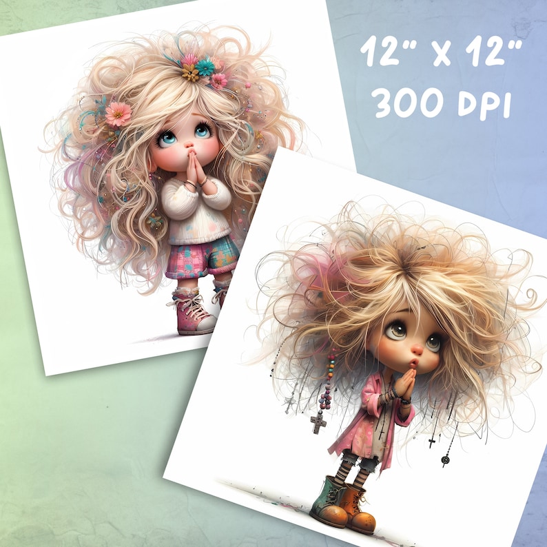 May include: Two digital illustrations of girls with blonde hair and big eyes. Both girls are wearing pink and white clothing and have their hands clasped in prayer. The girl on the left has a floral crown in her hair. The girl on the right has a pink and white beaded necklace with a cross pendant.