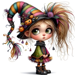 15 Clipart ragazza eccentrica, uso commerciale, ragazza carina stravagante di Halloween, 300 DPI JPG, download istantaneo, bambola carina, clipart ragazza di Halloween