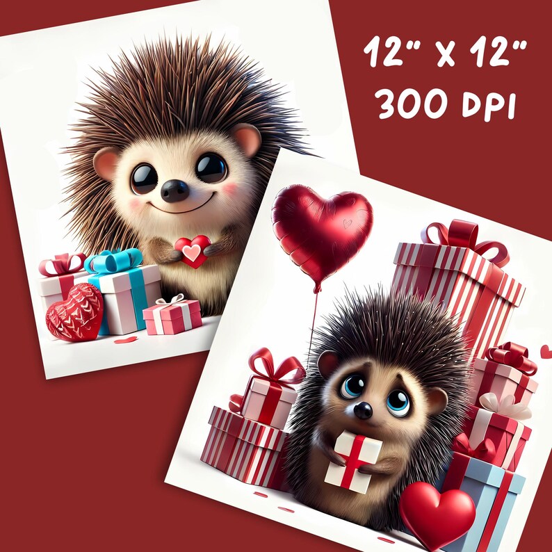 May include: Two prints featuring adorable cartoon hedgehogs holding hearts and gifts. The prints are 12" x 12" and 300 DPI. One hedgehog smiles, surrounded by gifts. The other holds a gift and a red heart balloon, surrounded by gifts.