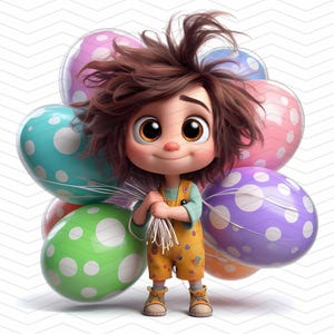 12 imágenes prediseñadas de Pascua extravagantes: niña peculiar con globos de huevos de Pascua: linda descarga digital para manualidades y tarjetas, uso personal y comercial