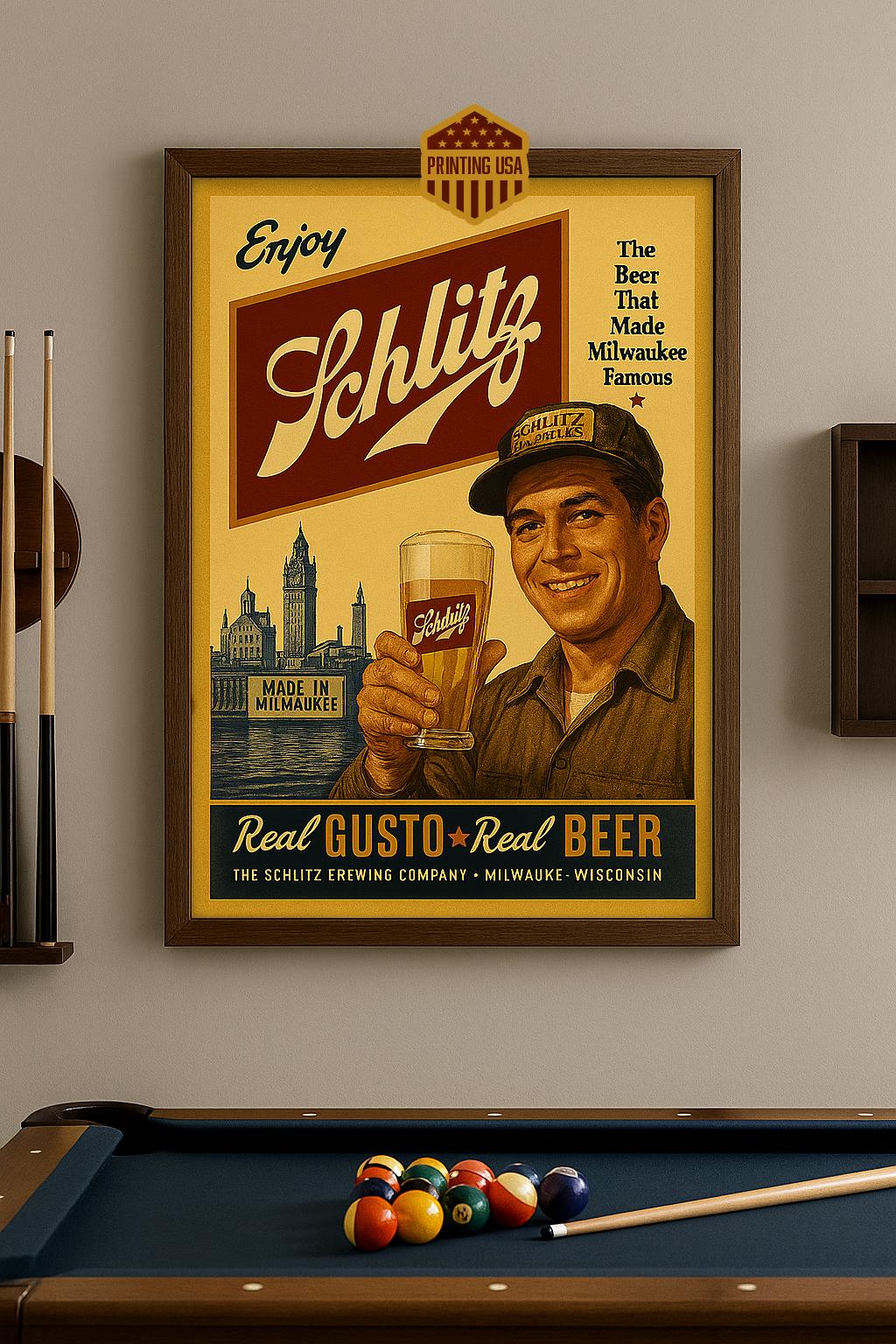 Schlitz Beer 50s パブミラー 額付き ヴィンテージ レトロ Vintage Schlitz Beer Poster, Mid-century Alcohol Advertisement