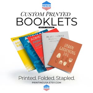May include: A collection of custom printed booklets measuring 8.5 inches by 11 inches. The booklets feature various cover designs including yellow, blue, red, grey, and orange with text such as Spring Sale, Annual 2019, Plant Parent Handbook, and Urban Gardening 101.