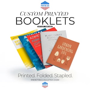 May include: A collection of five custom printed booklets measuring 5.5 inches by 8.5 inches. The booklets feature various cover designs including yellow, blue, red, grey, and orange with text such as Urban Gardening 101 and Plant Parent Handbook.