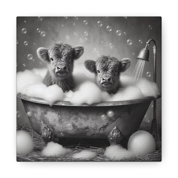 Rustic Farmhouse Style Highland Cow in Bathtub Kids, Funny Wall Art, Perfect Home Decor Gift, Bathroom Decor Canvas