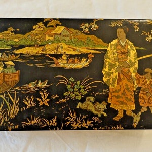 Napoleon 3 pencil case in boiled cardboard painted in Asian Japanese style