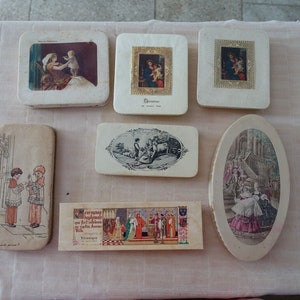 Lot 7 Anciennes BOÎTES À DRAGÉES de bapteme illustrees en carton.papier .vintage boxes