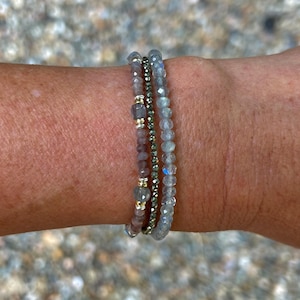 Labradorite Pyrite Moonstone Bracelet: Sterling Silver Gold Accent.