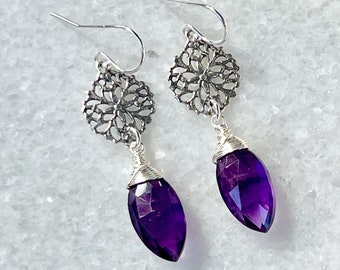 Dark Purple Amethyst Earrings, Sterling Silver, Birthstone Jewelry