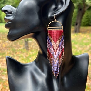 Beaded Fringe Earrings: Purple Maroon Seed Beads, Brass Frames