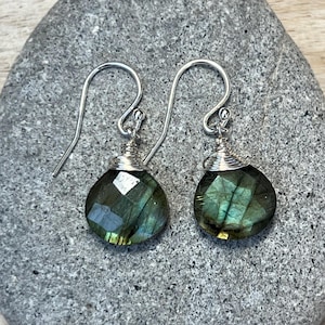 Dainty Labradorite Earrings: Sterling Silver, Green Gemstone Drops.
