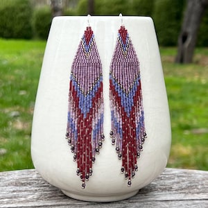 Purple Beaded Fringe Earrings: Delica Seed Beads, Sterling Silver
