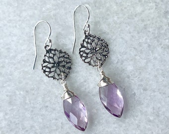 Pink (Light Purple) Amethyst Earrings, Sterling Silver, Birthstone Jewelry