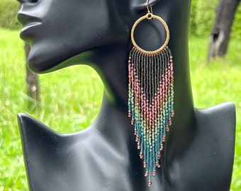 Beaded Fringe Earrings, Earth Tones, Large Hoops, Bohemian Statement Earrings