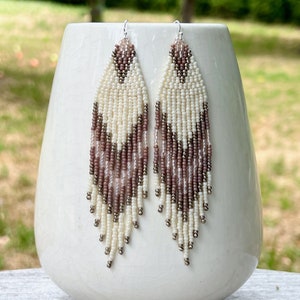 White & Pink Beaded Fringe Earrings: Sterling Silver, Glass, Miyuki Seed Beads
