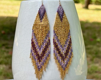 Gold and Lavender Purple Beaded Earrings, Bohemian Style Tassel Fringe Seed Bead Earrings