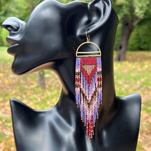 Beaded Fringe Earrings: Purple Maroon Seed Beads, Brass Frames
