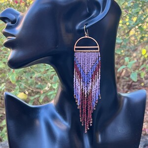 Lavender Beaded Fringe Earrings: Bohemian Style with Garnet Accents