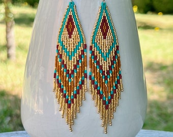 Gold, Turquoise, and Red Beaded Fringe Earrings, Bohemian Style Fringe Tassel Earrings