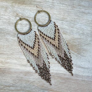 Beaded Fringe Earrings: Delica Seed Beads, Brass Hoops, Neutral Tones