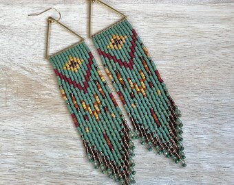 Sage Green Beaded Fringe Tassel Earrings: Earth Tones, Lightweight Delica Seed Beads