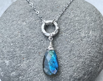 Labradorite Pendant Necklace on Sterling Silver Chain, Natural Blue/Green Labradorite Gemstone