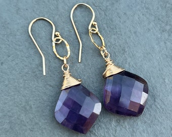 Purple Amethyst Earrings on Gold, February Birthstone, Genuine Gemstones, Purple and Gold Earrings, Gift for Her