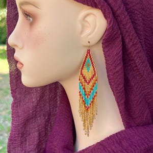 Seed Beaded Fringe Tassel Earrings: Gold, Turquoise, & Red, Southwestern/Bohemian Style, Lightweight, Delica Seed Beads