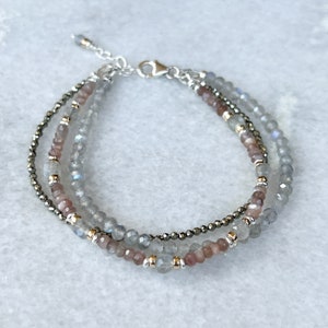 Three Strand Gemstone Bracelet, Sterling Silver W/ Gold Accent Beads ...
