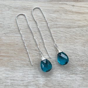 Peacock Blue Quartz Thread Earrings on Sterling Silver Chain, Teal Blue Dangle/Drop Earrings, Lightweight