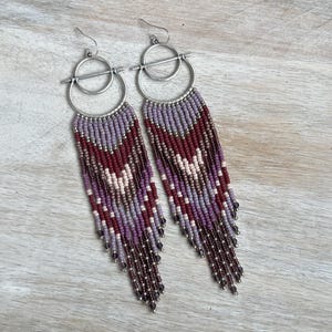 Purple Beaded Fringe Hoop Earrings: Sterling Silver, Long Tassel